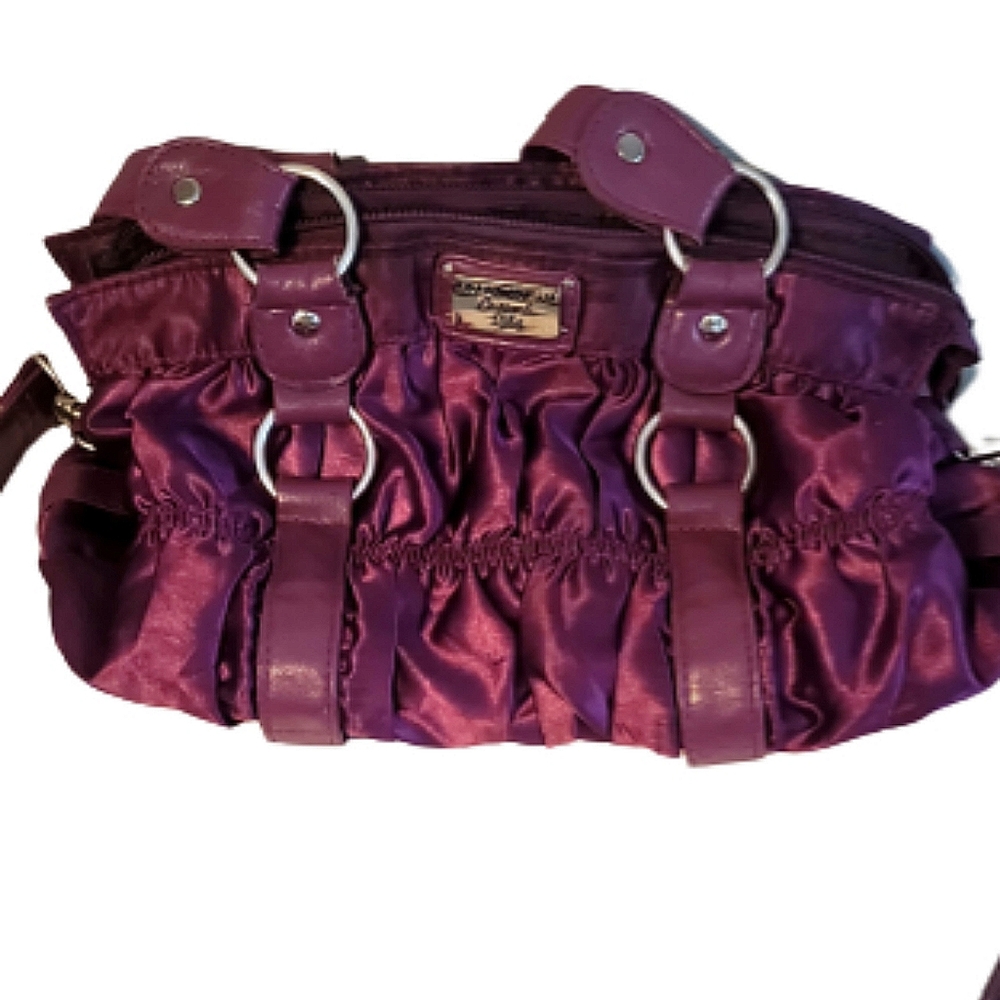 Tally Weijl Ruched Purple Satin and Faux Leather Shoulder Bag - Picture 3 of 12
